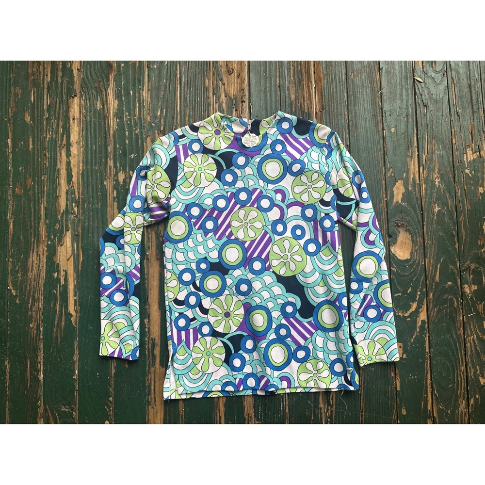 70s vtg hippy Sears Psychedelic Jewel Tone Mod Geometric Long Sleeve Shirt Mock